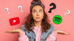 Woman choosing between YouTube and Spotify
