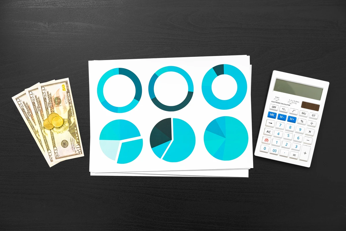 Colorful pie charts on paper beside cash and a calculator on a dark wooden surface.