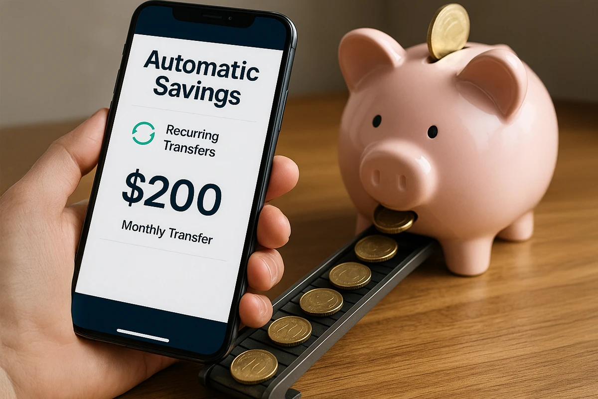 a hand holding a phone and a piggy bank