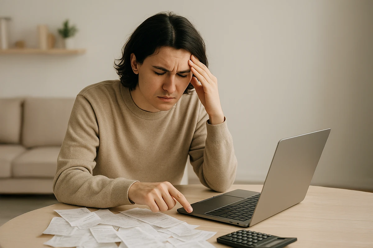 A young man looks stressed while reviewing receipts and working on a laptop at a table.