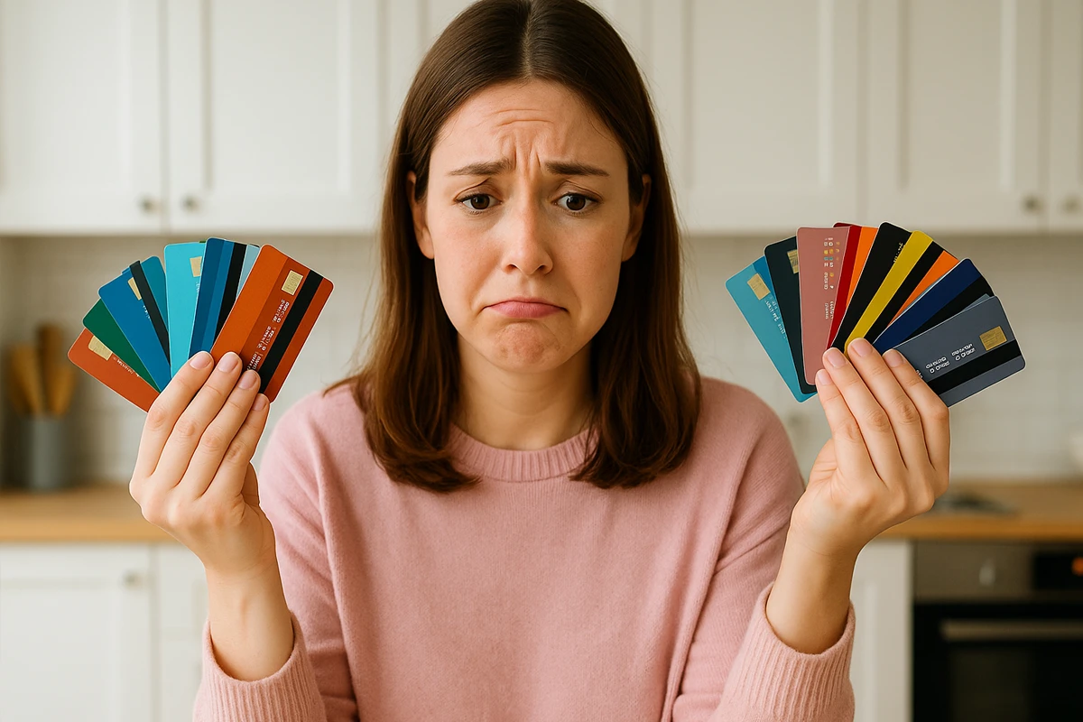 Woman with a worried expression holds multiple credit cards in a kitchen setting.