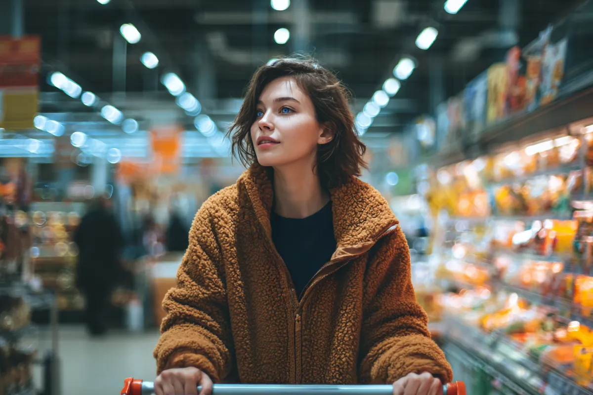 Ways to Save Money on Groceries: Young woman in a cozy brown jacket smiles while pushing a shopping cart in a brightly lit grocery store aisle.