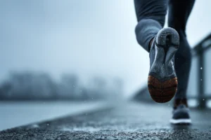 The Hidden Link Between Health and Wealth: Runner's foot striking a wet pavement on a rainy day, with a blurred cityscape in the background.