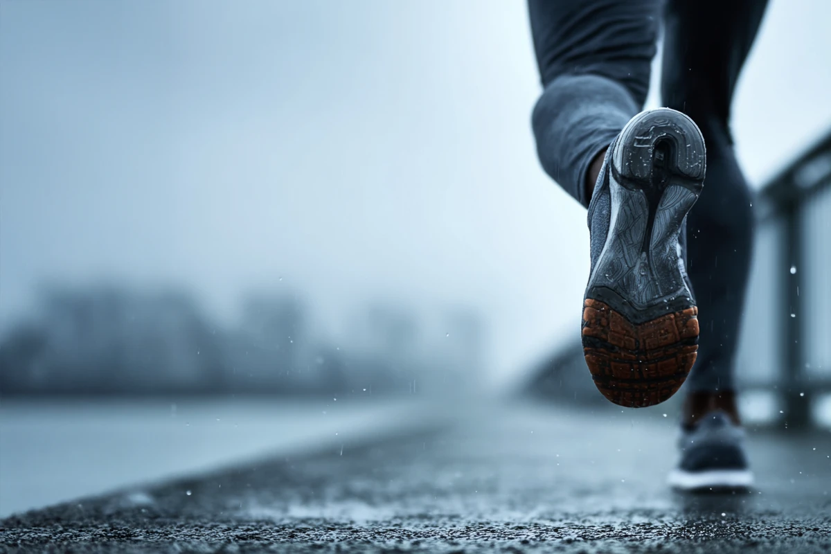 The Hidden Link Between Health and Wealth: Runner's foot striking a wet pavement on a rainy day, with a blurred cityscape in the background.
