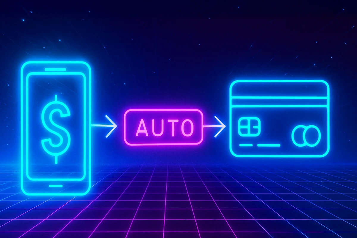 Automatic Debit Payments Guide: Neon graphics illustrate a mobile payment process from a phone to a credit card with an "AUTO" label.