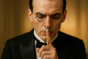 Man in a tuxedo with a monocle gestures for silence, trying to cover up the Exclusive Ultra-Wealthy Wealth Strategies