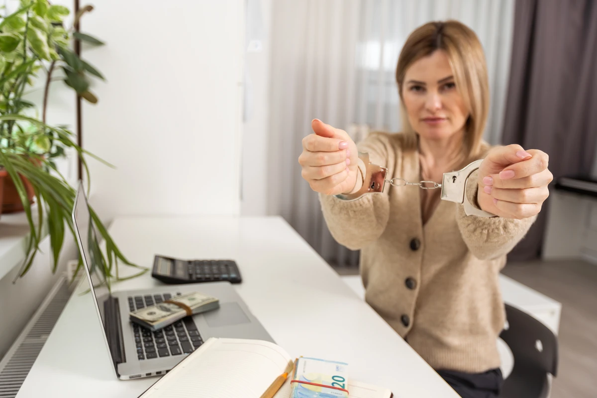 Woman in handcuffs holding her hands out at a desk with cash and a laptop in a bright office setting. advanced mlm recruiting tactics