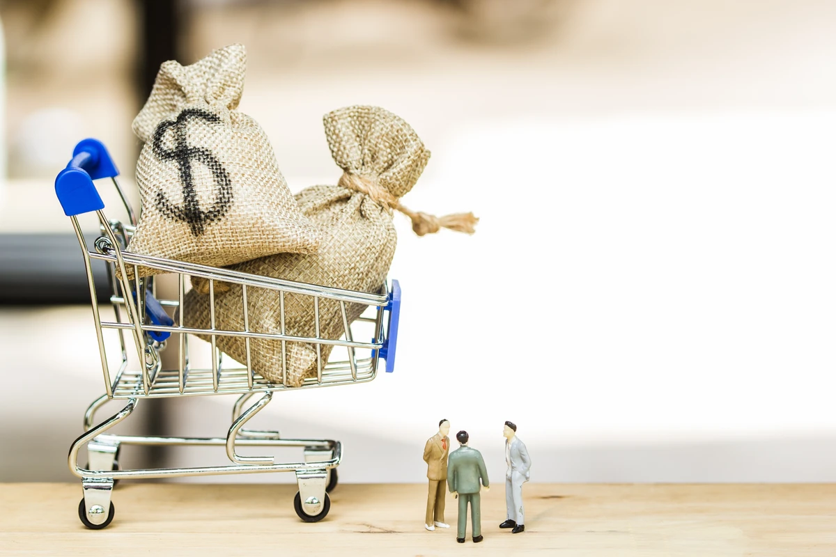 Miniature figures discuss finances beside a shopping cart filled with burlap bags marked with dollar signs. Always Finance Big Purchases