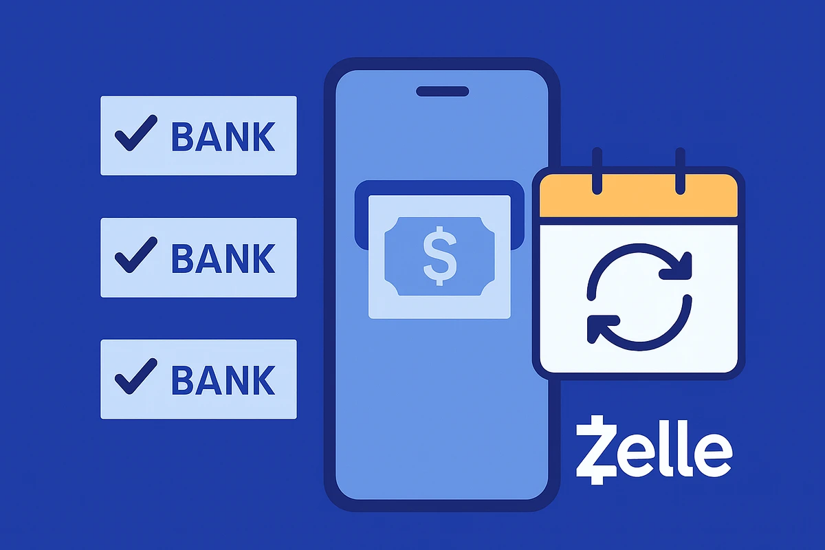 Zelle logo alongside a smartphone displaying a dollar sign and checkmarks for bank connections.