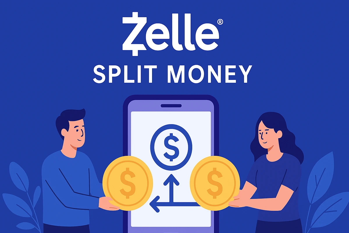 Two people exchanging coins in front of a smartphone displaying a dollar sign and arrows, promoting Zelle's split money feature.