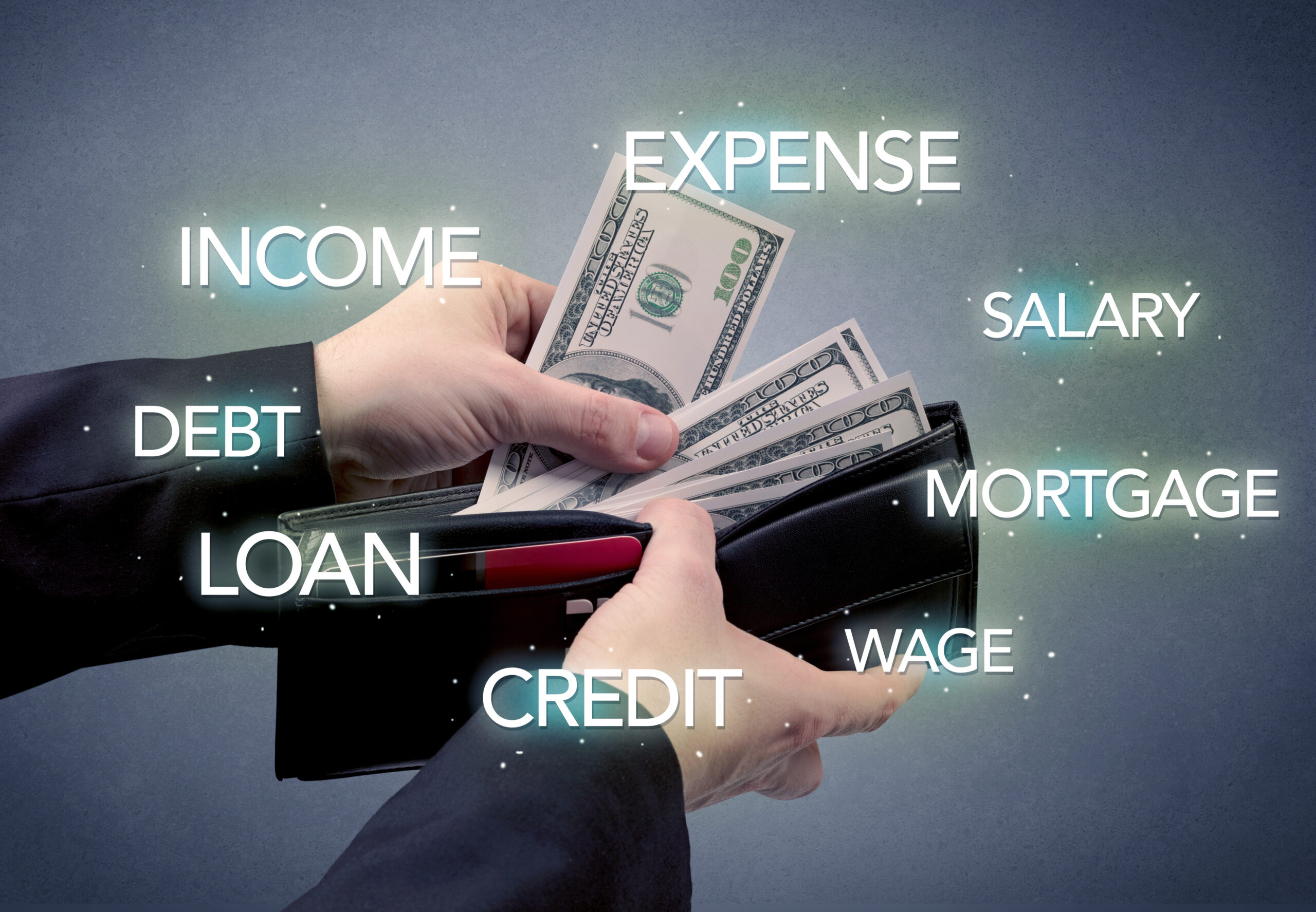 Hands holding cash from a wallet with financial terms like income, debt, and expense surrounding the image.